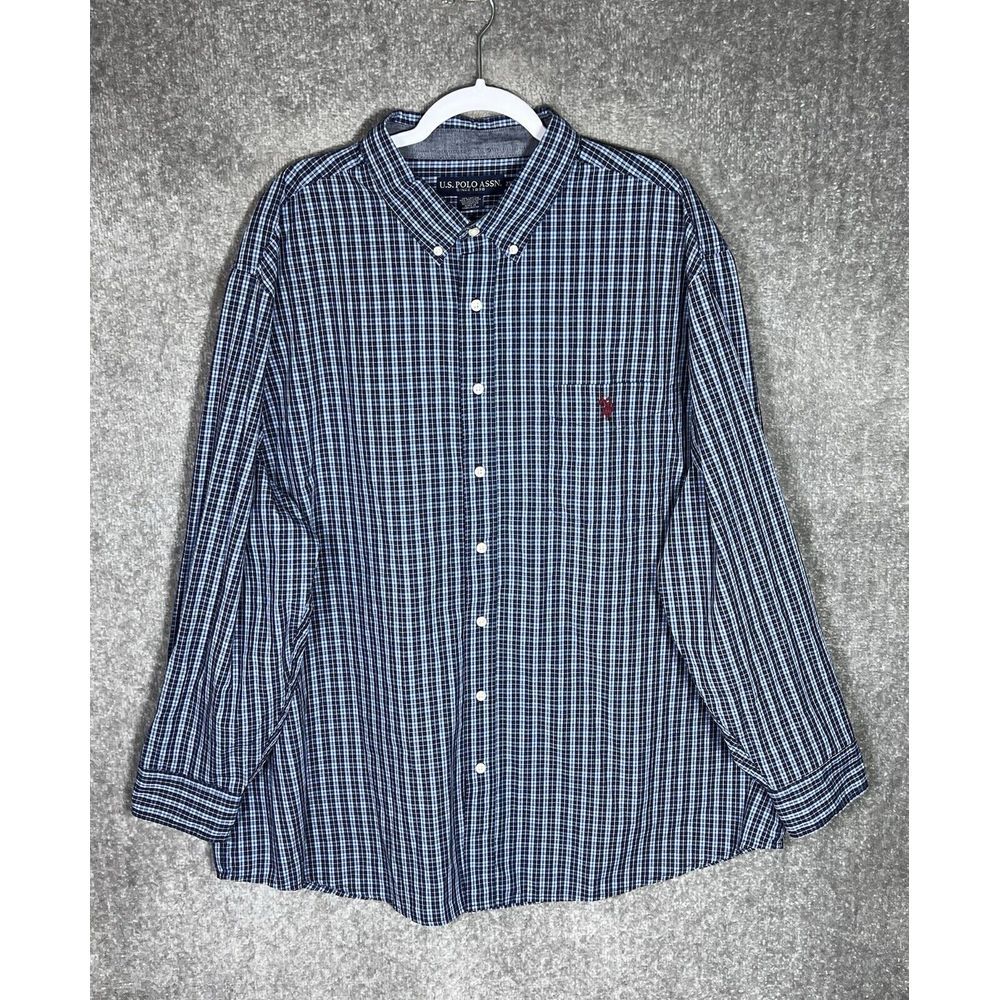 US Polo Assn Long Sleeve Button Down Shirt Mens Size 2XL Blue Plaid Chest Pocket